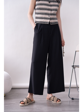 CHIC YAC/半松紧薄款弹力麻显瘦黑色高腰九分凉凉裤2022年夏