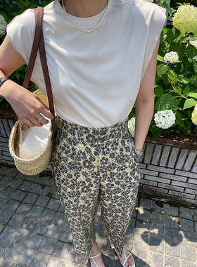 CHIC YAC/设计感时髦宽肩后拉链简约圆领全棉无袖t恤女 杏色/黑色