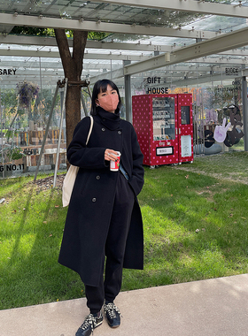 CHIC YAC/原创设计黑色双面呢黑白人字纹超长款羊毛呢立领大衣