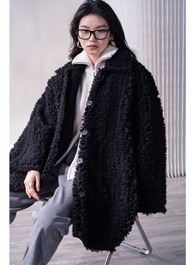 CHIC YAC/黑色翻领圈圈毛人造环保皮草宽松中长款
