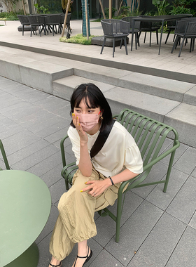 CHIC YAC/设计感立体蝙蝠花瓣袖薄款空气棉t恤 黑色、奶油米色