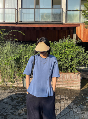 CHIC YAC/不规则不对称设计收腰短袖t恤2022宽松圆领通勤白色蔚蓝