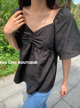 春夏折扣CHIC YAC/黑色方领上衣女夏新款显瘦露锁骨飞飞袖上衣