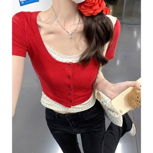 T恤女圆领正肩短款 短袖 半袖 薄款 复古红色针织开衫 小上衣夏季 美式