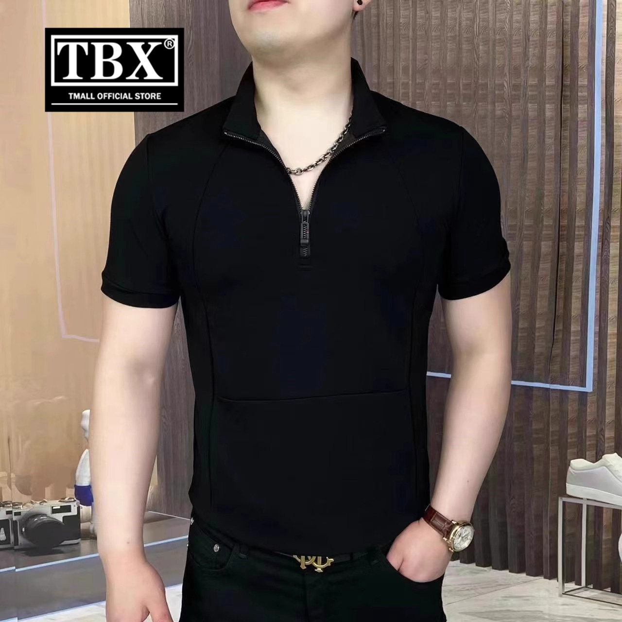 高端立领半拉炼Polo衫男士t恤短袖2025夏季新款冰丝黑色上衣男士