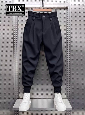 黑色绑腿西装裤2025新的春季，秋季和冬季天鹅绒男士长裤英俊的后
