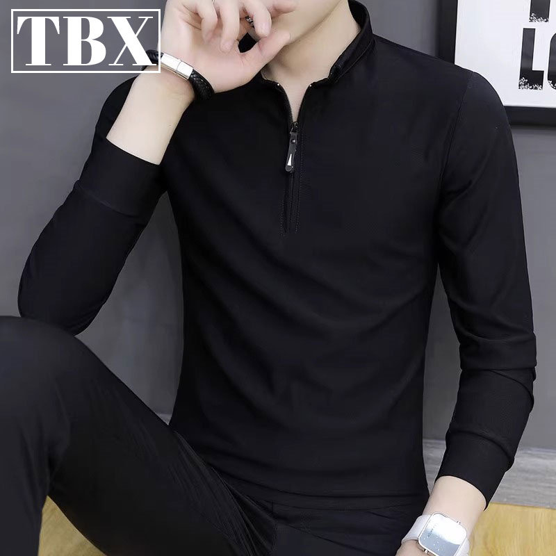 高端半拉炼立领polo衫男士长袖t恤2025新款春秋卫衣男款冬季加绒