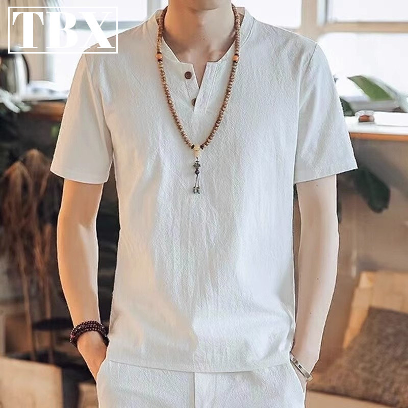 新中式亚麻短袖t恤套装男士夏季冰丝休闲大码V领棉麻汉服唐装男款