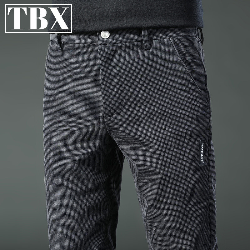 高端华夫格休闲裤男士2025新款春秋冬季加绒宽松直筒商务西裤男款