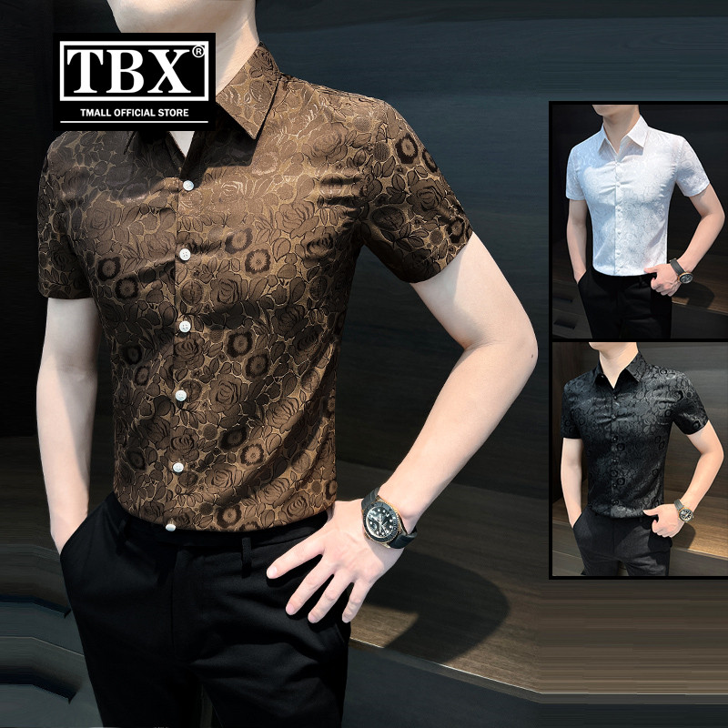 高端冰丝碎花衬衫男士短袖2025新款夏季高级感痞帅气修身衬衣男款