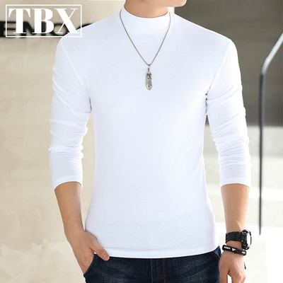 半高领打底衫男士2025新款春秋冬季加绒纯棉长袖T恤白色卫衣男款