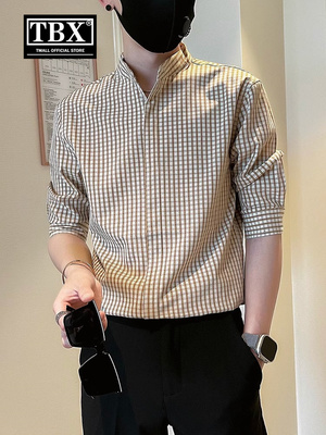 高级感格子衬衫男士短袖潮牌痞帅衬衣男款2024夏季新款立领五分袖