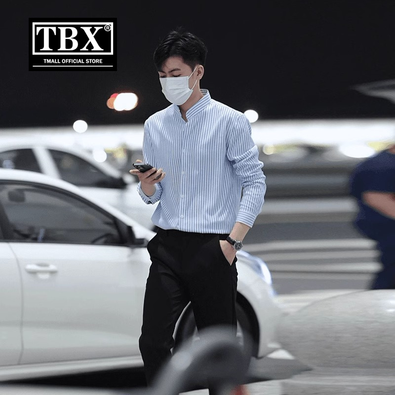 高端立领条纹衬衫男士长袖2024新款高级感痞帅轻熟风短袖衬衣男款