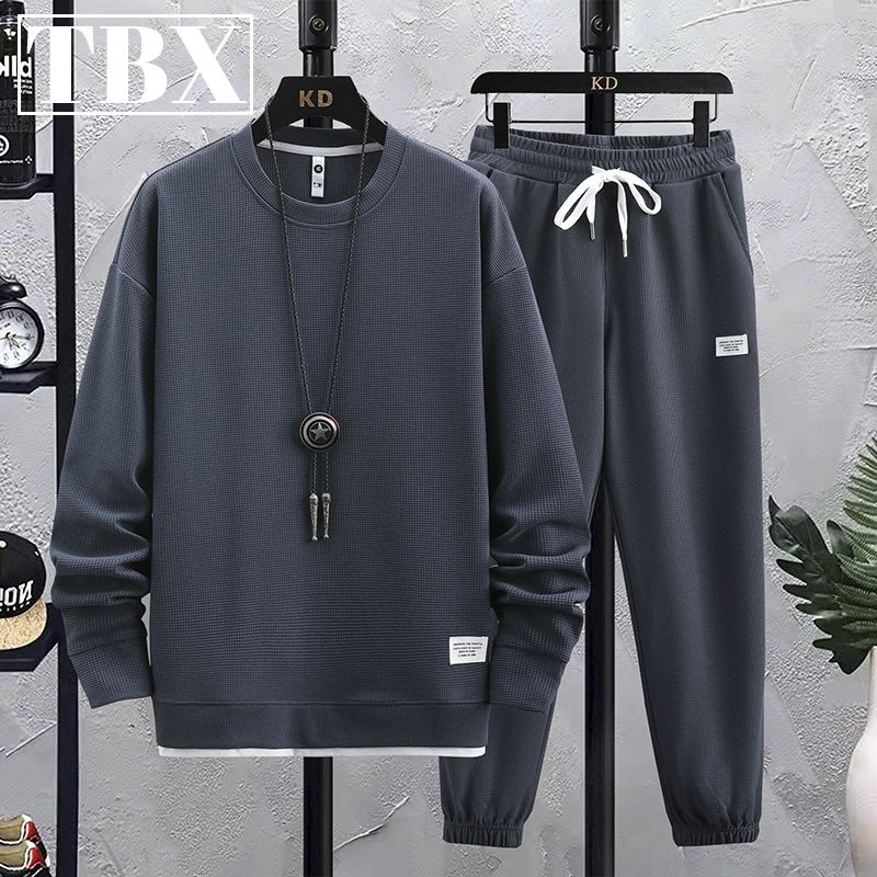 华夫饼运动衫男子的春季和秋季2025新男子服装与一套冬季天鹅绒休