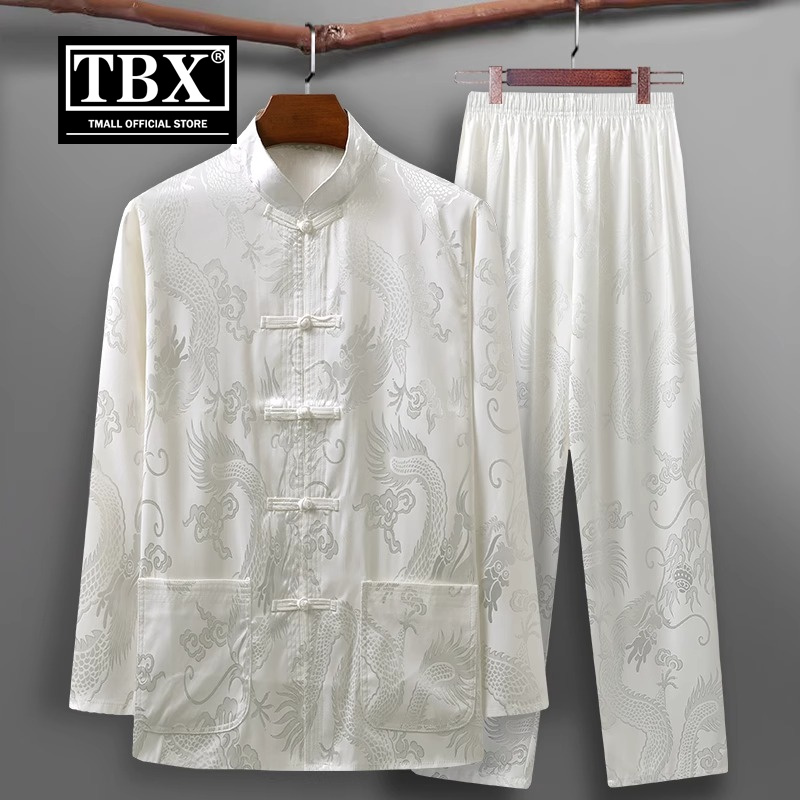 桑蚕丝中国风唐装男士套装夏季冰丝长袖衬衫裤子男款真丝绸中山装