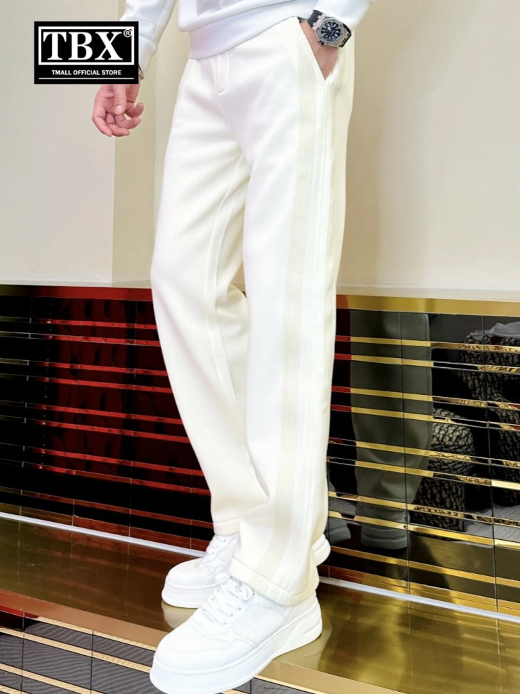 高端休闲裤子男士2025新款春秋冬季加绒白色男裤直筒运动卫裤男款