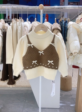 冬季新款imau奕玛女小童装假两件蝴蝶结打底衫儿童毛衣48SF230200