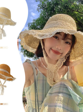 帽子女春夏新款法式草帽百搭蕾丝花边防晒帽夏季海边沙滩遮阳帽