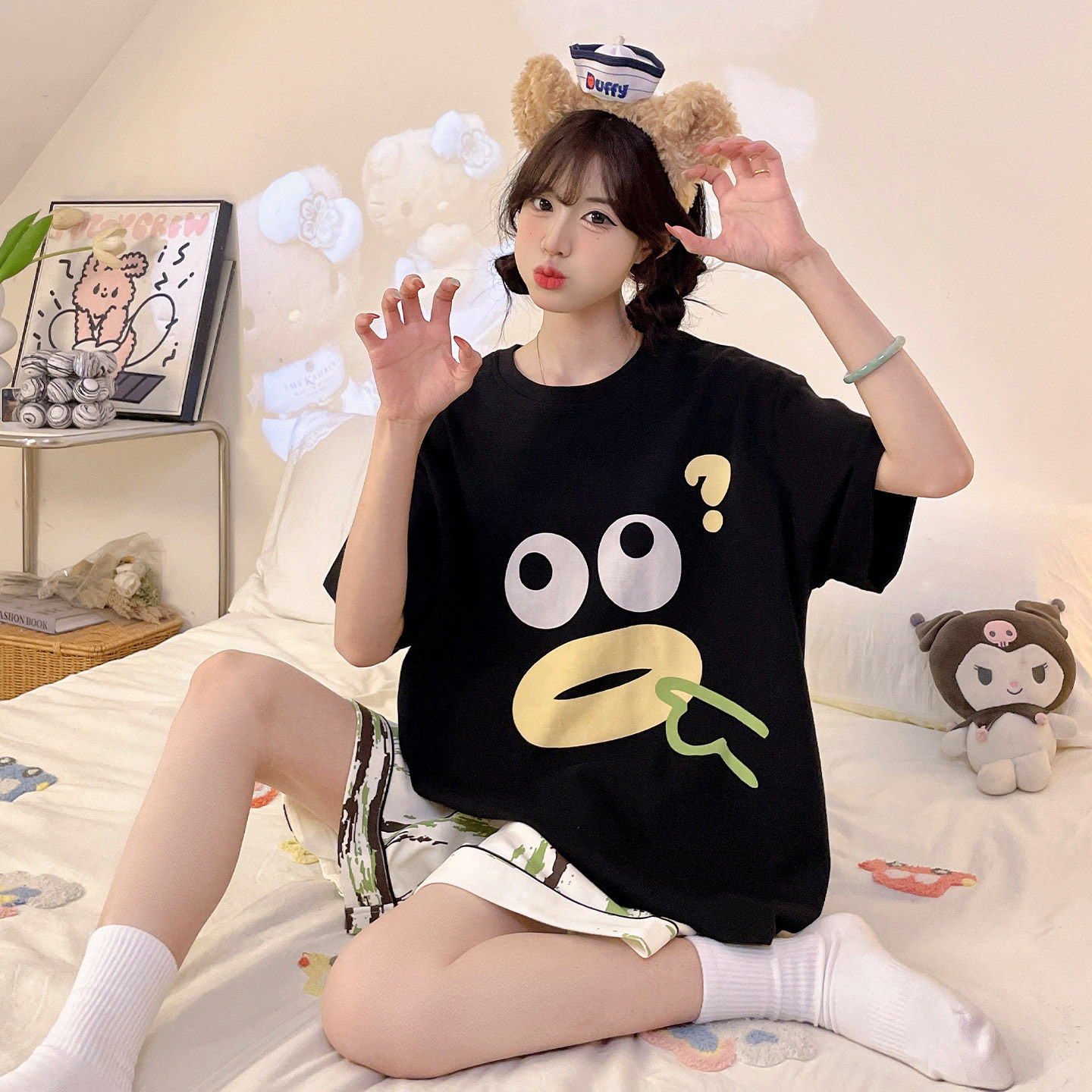 睡衣女士夏季短袖纯棉薄款短裤加大码卡通中学生可外穿家居服套装