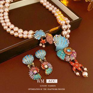 中古项链镶钻滴油贝壳海螺珍珠项链夸张复古项饰