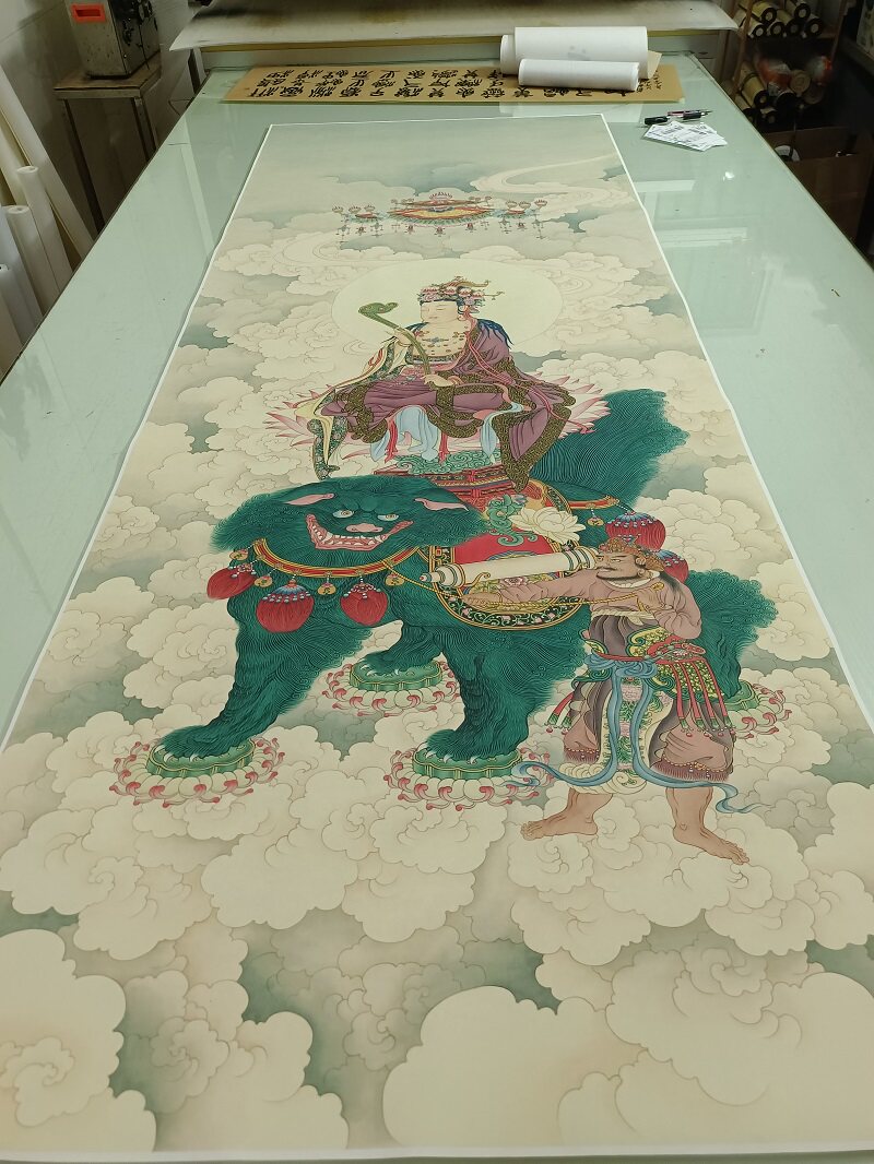 夏荆山 文殊菩萨书画人物佛像国画真迹微喷仿古画芯挂轴装饰画