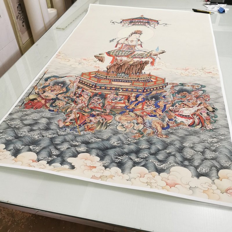 夏荆山 观音明王图书画人物佛像国画真迹仿古复制微喷玄关装饰画