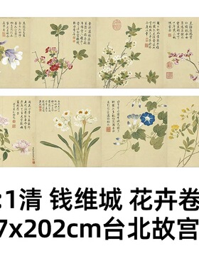 1:1 清 钱维城 花卉卷 27x202cm 台北故宫藏历代花鸟画真迹复制品