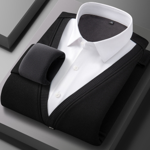 假两件保暖衬衫男士加绒加厚针织衫冬白领套头衬衣中青年爸爸毛衣