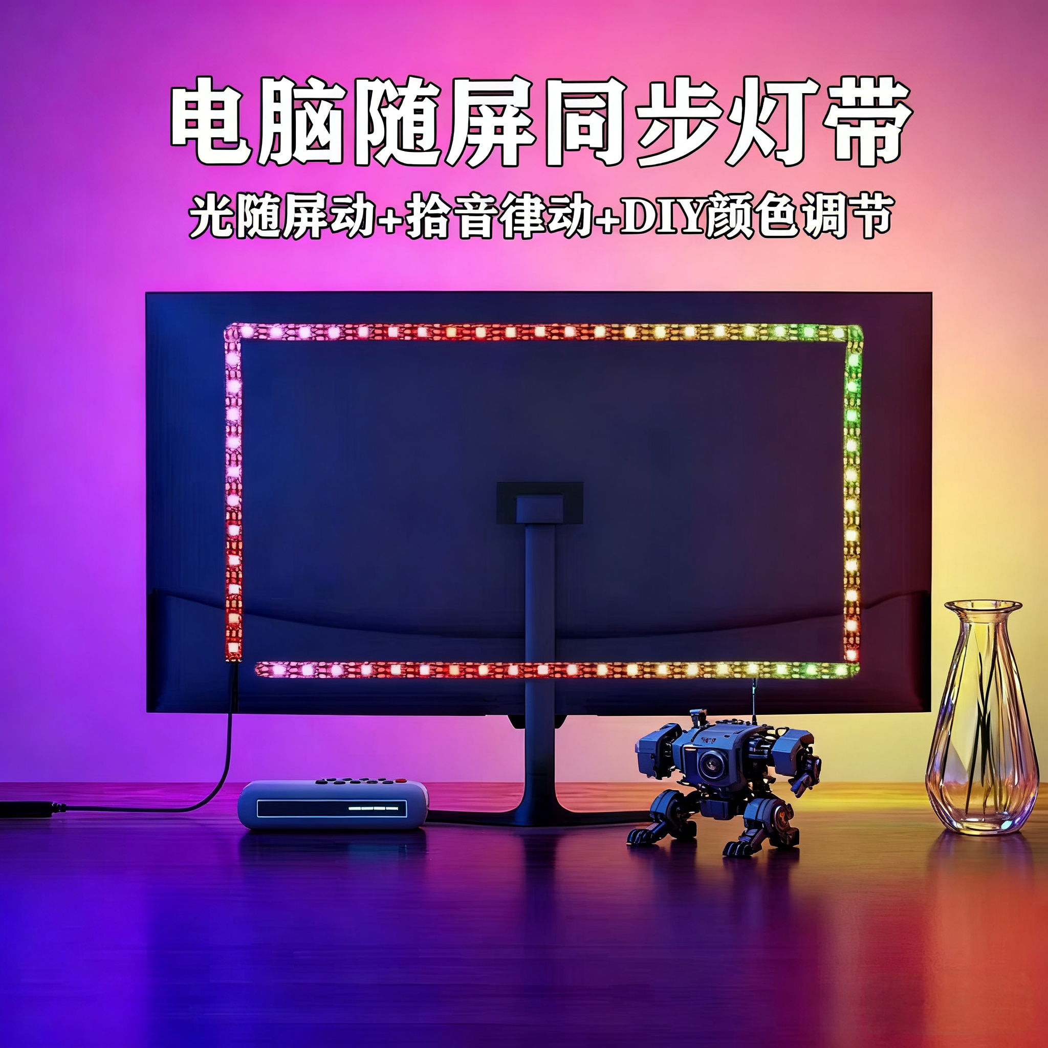 电脑随屏同步灯带RGB氛围电竞房电脑桌面显示器拾音律动幻彩灯条