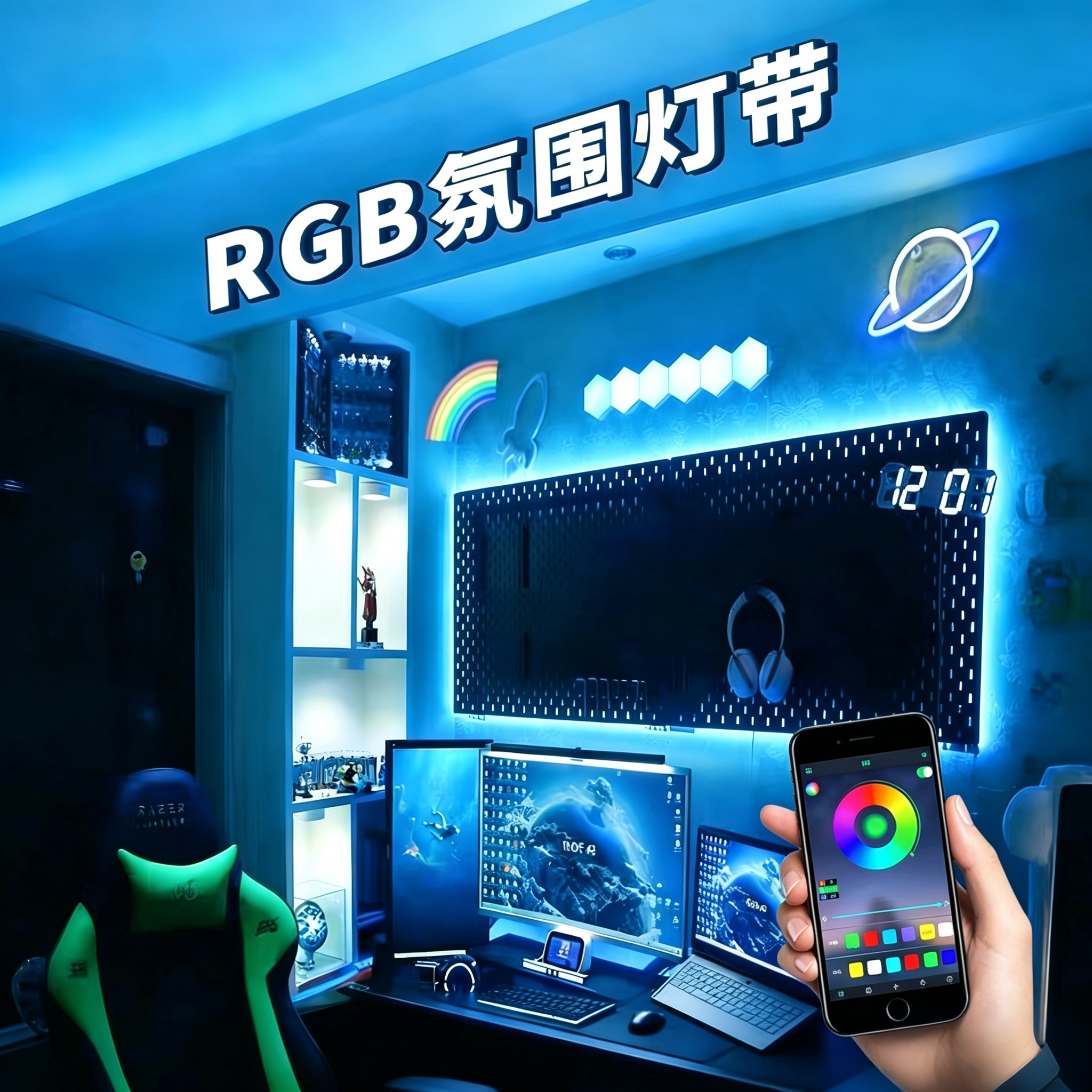 已接入米家RGB灯带5V自粘电脑洞洞板氛围电竞房装饰音乐律动灯条