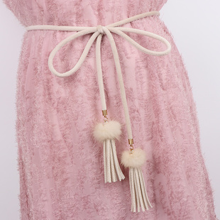 新款 饰连衣裙带配毛衣流苏腰带 女士细腰带百搭打结腰绳甜美毛球装