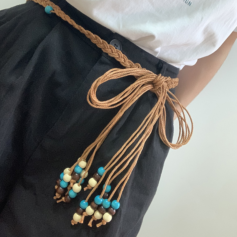 女蝴蝶结蜡绳木珠名族风腰带