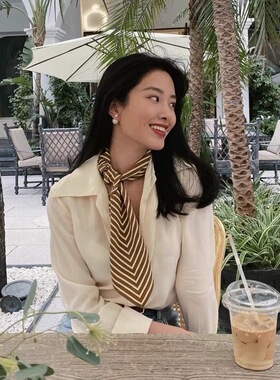 2025杨采钰同款金棕雅纹法式ins风真丝100%桑蚕丝小方巾女