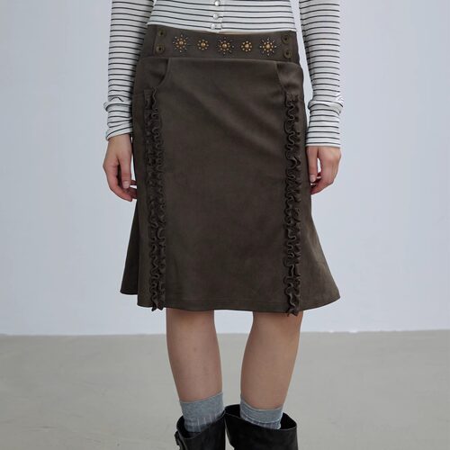 unnone item 原创复古烫钻花边暗纹仿麂皮修身小鱼尾半身裙女秋冬
