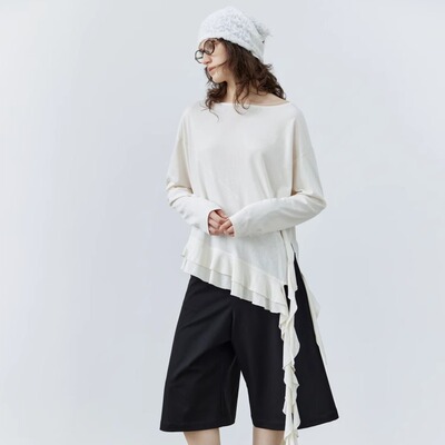 unnone item一字领露背可调节松紧拼接花边绑带棉麻微透感长袖T恤