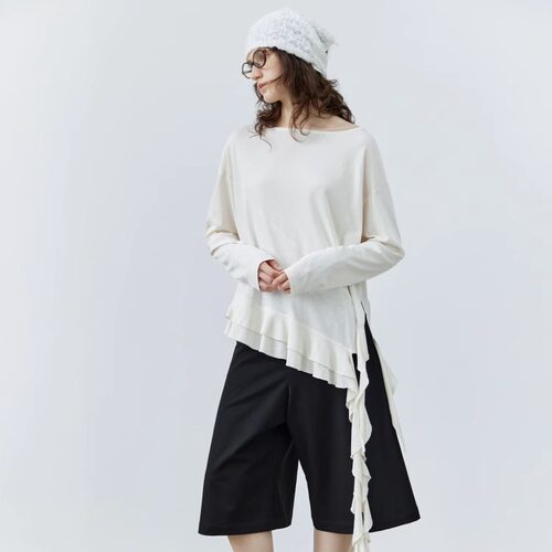 unnone item一字领露背可调节松紧拼接花边绑带棉麻微透感长袖T恤