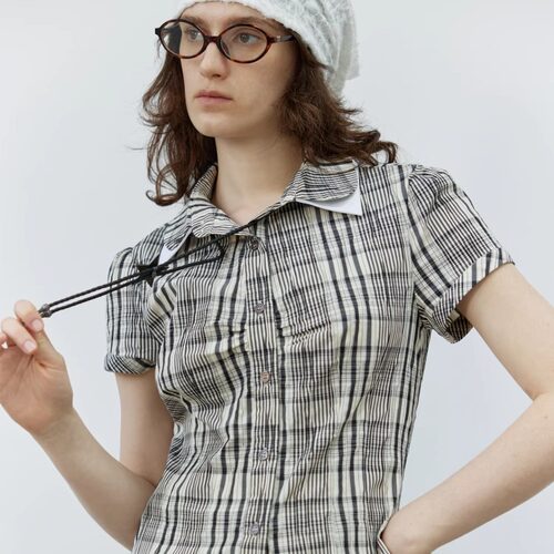 unnone item 复古弹力抽皱格子双层领撞色可拆假领修身短袖衬衫女