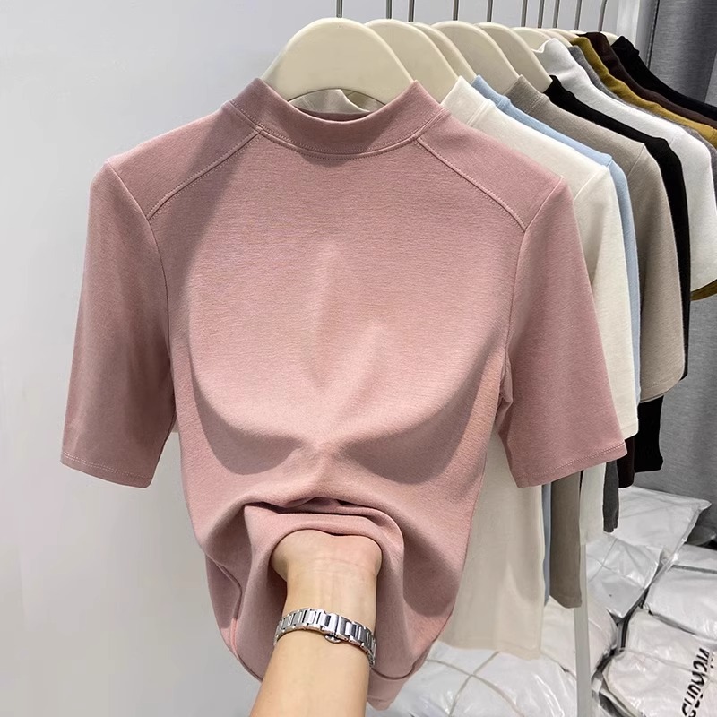 半高领正肩t恤秋冬短袖加绒加厚磨毛双面德绒打底衫中袖内搭上衣