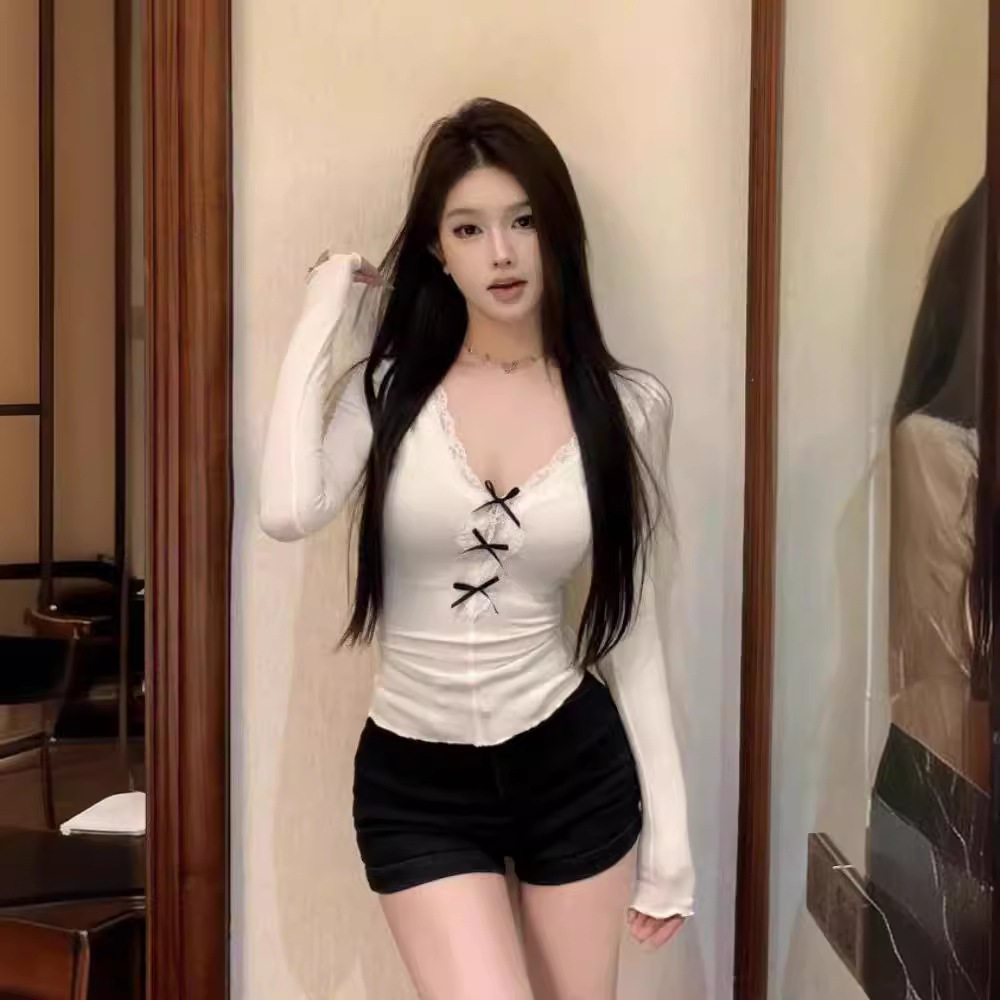 蝴蝶结蕾丝花边v领长袖针织衫女春季修身短款白色内搭打底衫上衣