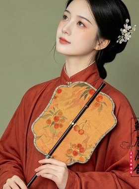 鲸鹿原创樱桃印花中式紫竹长柄可旋转卷曲竹帘扇装饰拍照腰扇