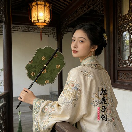 鲸鹿原创翠绿唐风团花印花紫竹长柄竹帘扇可旋转卷曲汉服装饰腰扇