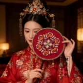 鲸鹿原创团花紫竹柄新娘结婚喜扇中式 秀禾汉服圆形礼物出嫁扇子