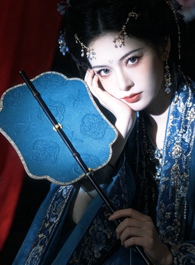 鲸鹿原创折枝梅花雾蓝色竹帘扇紫竹长柄可旋转中式汉服配饰腰扇