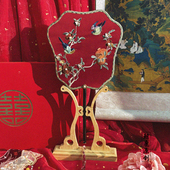 鲸鹿原创石榴鸟异型深红紫竹短柄团扇中式 结婚挡脸汉服国风喜扇