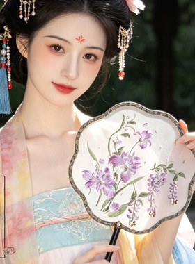 鲸鹿原创垂丝紫藤花双面绣花团扇中式汉服复古凤送礼拍照走秀扇子