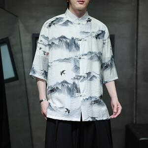 夏季新款风短袖衬衫唐装汉服风印花男A008-1-1102-P50图片