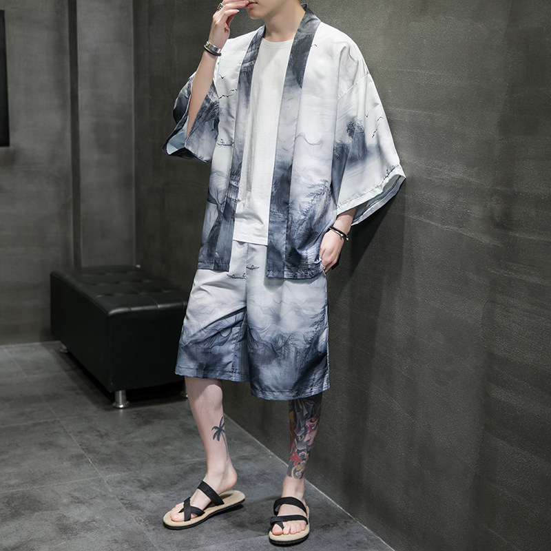 夏季风道袍男短袖汉服开衫和服防晒衣套装DS-A008-1-TZK51P70,男装防晒衣,电商A008-1