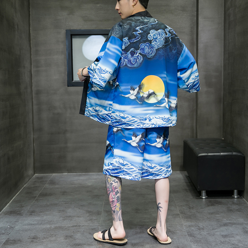 2025夏季风道袍男短袖汉服开衫和服防晒衣套装QT6006TZK51P70，男装防晒衣，电商A008-1