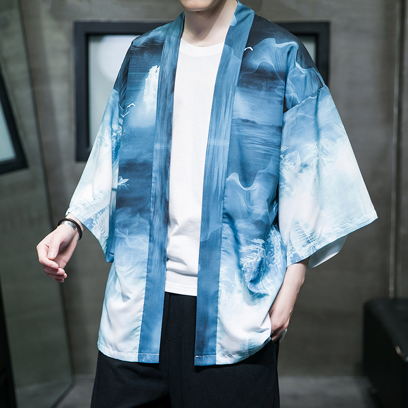 2025夏季新款风印花山川汉服开衫披风男DS-A008-1K89P40,男装民族服装,电商A008-1