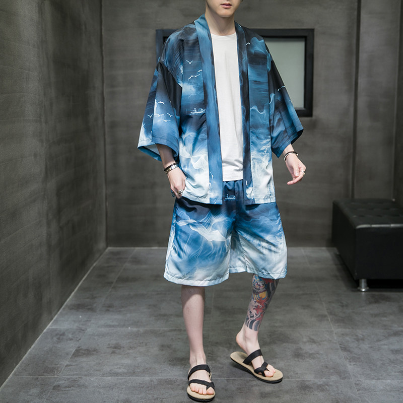 2023风道袍男短袖汉服开衫和服防晒衣套装DS-A008-1-TZK51P70,男装防晒衣,电商A008-1